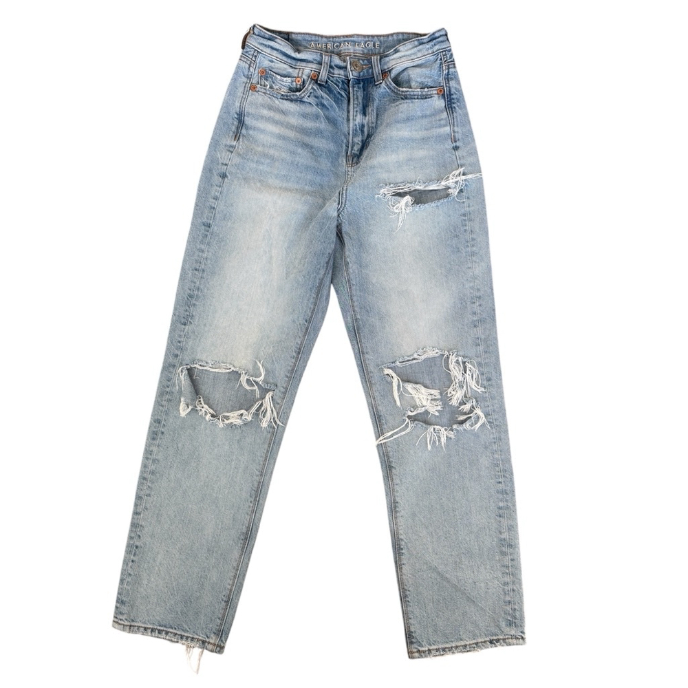 American Eagle Blue Highest Rise 90s Boyfriend Jeans Denim Destroyed SIZE 2
